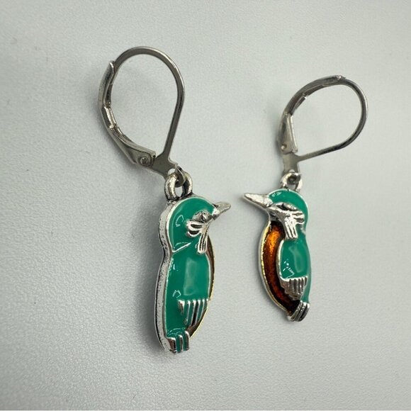 Green and Silver Kingfisher Earrings with Leverback Design - Picture 3 of 7